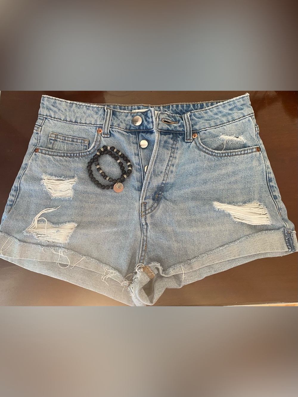 H&M Light Blue High-Rise Distressed Denim Shorts